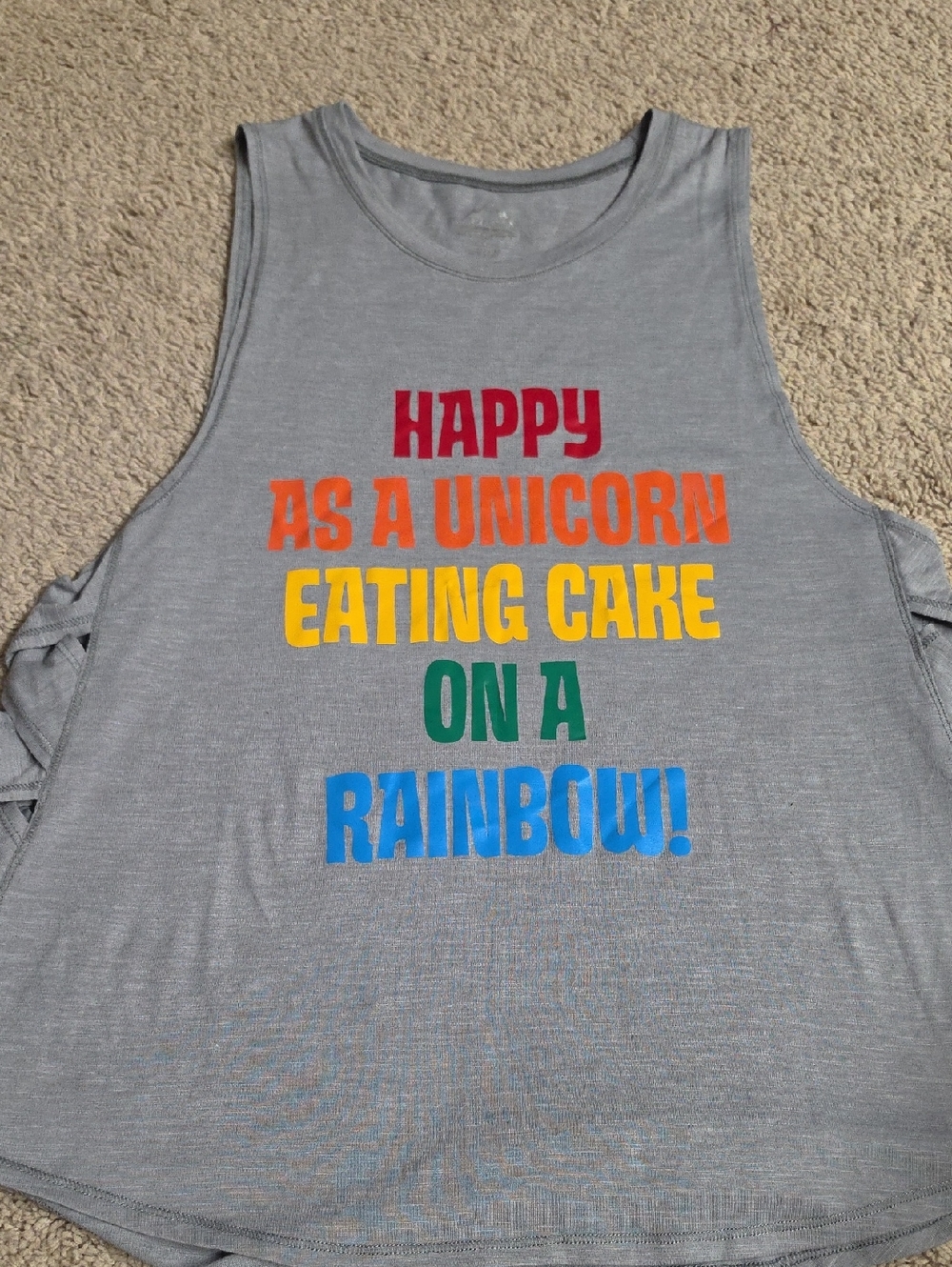 HFX Sport Tank Gray "Happy as a Unicorn Eating Cake on a Rainbow!" Sz L